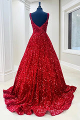 A-Line Red Sequin Quince Dresses Square Neck Backless Long Evening Prom Dresses