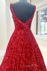 A-Line Red Sequin Quince Dresses Square Neck Backless Long Evening Prom Dresses