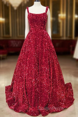 A-Line Red Sequin Quince Dresses Square Neck Backless Long Evening Prom Dresses