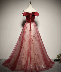 A-Line Red Tulle And Velvet Off Shoulder Long Evening Prom Dresses, Red Evening Dresses