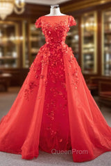 A-Line Red Tulle Appliques Cap Sleeve Evening Prom Dresses With Removable Train