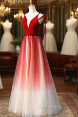 A-Line Red Velvet Tulle Long Evening Prom Dresses, Red Evening Dresses