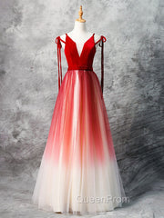 A-Line Red Velvet Tulle Long Evening Prom Dresses, Red Evening Dresses