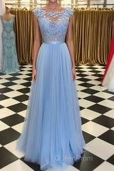 A Line Round Neck Blue Lace Appliques Tulle Long Evening Prom Dresses, Blue Lace Graduation Dresses, Blue Evening Formal Dresses