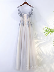 A Line Round Neck Half Sleeves Gray Lace Evening Prom Dresses, Gray Floral Long Formal Evening Dresses