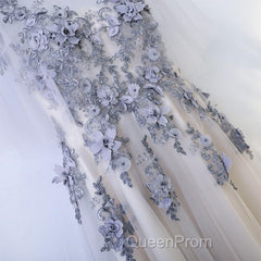 A Line Round Neck Half Sleeves Gray Lace Evening Prom Dresses, Gray Floral Long Formal Evening Dresses