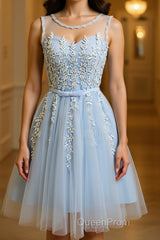 A Line Round Neck Lace Blue Short Evening Prom Dresses, Short Blue Lace Formal Graduation Homecoming Dresses