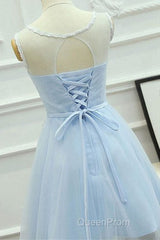 A Line Round Neck Lace Blue Short Evening Prom Dresses, Short Blue Lace Formal Graduation Homecoming Dresses