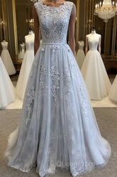 A Line Round Neck Lace Grey Evening Prom Dresses, Lace Grey Formal Dresses