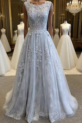 A Line Round Neck Lace Grey Evening Prom Dresses, Lace Grey Formal Dresses