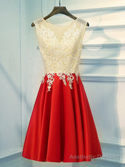 A Line Round Neck Red Short Lace Prom Dresses, Short Red Lace Formal Homecoming Dresses