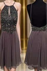 A Line Round Neck Short Grey Backless Evening Prom Dresses, Short Grey Backless Formal Dresses, Homecoming Dresses, Graduation Dresses