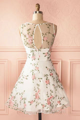 A Line Round Neck Short Lace Floral Evening Prom Dresses, Short Lace Floral Formal Homecoming Dresses