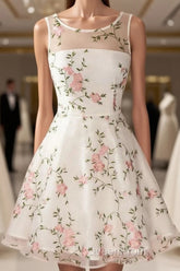 A Line Round Neck Short Lace Floral Evening Prom Dresses, Short Lace Floral Formal Homecoming Dresses