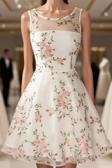 A Line Round Neck Short Lace Floral Evening Prom Dresses, Short Lace Floral Formal Homecoming Dresses