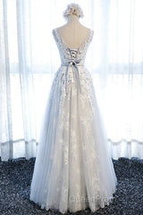 A Line Round Neck Sleeveless Lace Grey/Pink/Champagne Evening Prom Dresses, Lace Formal Dresses, Evening Dresses