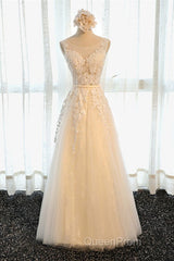 A Line Round Neck Sleeveless Lace Grey/Pink/Champagne Evening Prom Dresses, Lace Formal Dresses, Evening Dresses