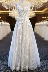 A Line Round Neck Sleeveless Lace Grey/Pink/Champagne Evening Prom Dresses, Lace Formal Dresses, Evening Dresses