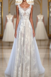 A Line Round Neck Sleeveless Lace Evening Prom Dresses, Lace Formal Dresses