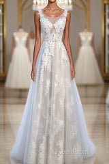 A Line Round Neck Sleeveless Lace Evening Prom Dresses, Lace Formal Dresses