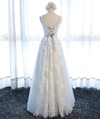 A Line Round Neck Sleeveless Lace Evening Prom Dresses, Lace Formal Dresses