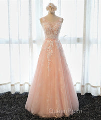 A Line Round Neck Sleeveless Lace Evening Prom Dresses, Lace Formal Dresses