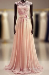 A-Line Round Neck Sweep Train Lace Coral Evening Prom Dresses, Evening Dresses, Lace Bridesmaid Dresses