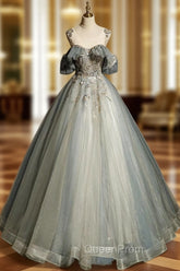 A-Line Round Neck Tulle Gray Blue Long Evening Prom Dresses, Tulle Sequin Lace Long Evening Dresses