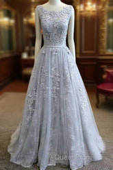 A-Line Round Neck Tulle Lace Long Gray Evening Prom Dresses, Bridesmaid Dresses
