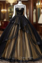 A-Line Round Neck Tulle Long Evening Prom Dresses, Elegant Evening Dresses