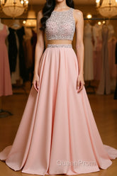 A Line Round Neck Two Pieces Beaded Pink Evening Prom Dresses, Two Pieces Pink Formal Dresses, Pink Evening Dresses