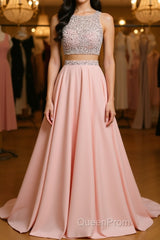 A Line Round Neck Two Pieces Beaded Pink Evening Prom Dresses, Two Pieces Pink Formal Dresses, Pink Evening Dresses