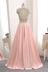 A Line Round Neck Two Pieces Beaded Pink Evening Prom Dresses, Two Pieces Pink Formal Dresses, Pink Evening Dresses