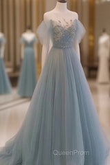 A-Line Round Neckline Blue Tulle With Lace Long Party Dresses, Tulle Evening Dresses Evening Prom Dresses