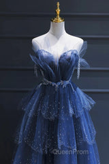 A Line Royal Blue Tulle Beaded Long Senior Evening Prom Dresses