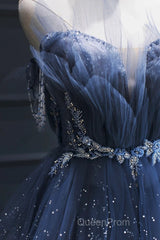 A Line Royal Blue Tulle Beaded Long Senior Evening Prom Dresses