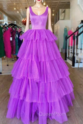 A Line Ruffles Purple Tulle Long Evening Prom Dresses
