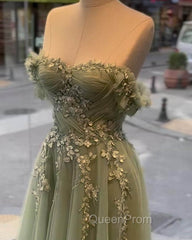 A-Line Sage Tulle Lace Appliques Dresses