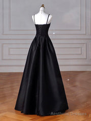 A-Line Satin Black Long Prom Dress, Black Long Evening Dress
