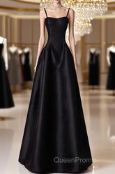 A-Line Satin Black Long Evening Prom Dresses, Black Long Evening Dresses