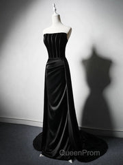 A-Line Satin Black Long Evening Prom Dresses, Black Long Formal Dresses