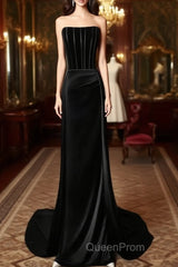 A-Line Satin Black Long Evening Prom Dresses, Black Long Formal Dresses