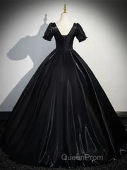 A-Line Satin Black Long Evening Prom Dresses Quinceanera Dresses Short Sleeves Evening Dresses