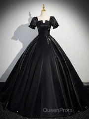 A-Line Satin Black Long Evening Prom Dresses Quinceanera Dresses Short Sleeves Evening Dresses
