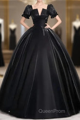 A-Line Satin Black Long Evening Prom Dresses Quinceanera Dresses Short Sleeves Evening Dresses