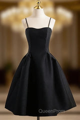 A-Line Satin Black Satin Short Evening Prom Dresses, Black Homecoming Dresses