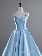 A-Line Satin Blue Long Evening Prom Dresses, Blue Long Evening Dresses