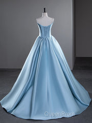 A-Line Satin Blue Long Evening Prom Dresses, Blue Long Evening Dresses
