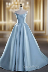A-Line Satin Blue Long Evening Prom Dresses, Blue Long Evening Dresses