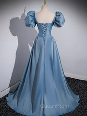 A-Line Satin Blue Long Evening Prom Dresses, Blue Long Evening Dresses